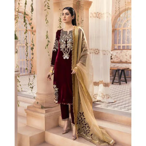 KY305 - Embroidered Velvet 3-Piece Dress with Embroidered Organza