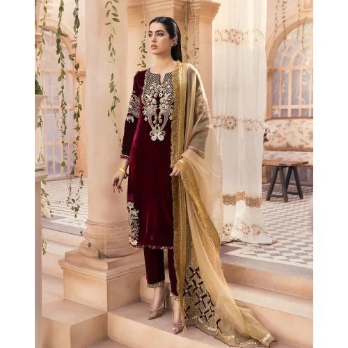 KY305 - Embroidered Velvet 3-Piece Dress with Embroidered Organza