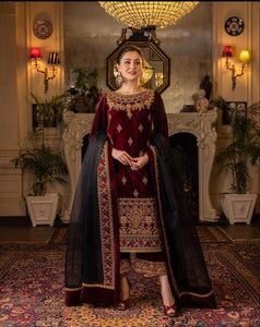 KY617 3PC Velvet Embroidered Shirt With Organza Embroidered Dupatta