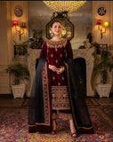 KY617 3PC Velvet Embroidered Shirt With Organza Embroidered Dupatta