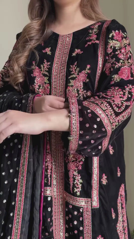 KY 7007 - Embroidered Velvet Dress with Embroidered Dupatta