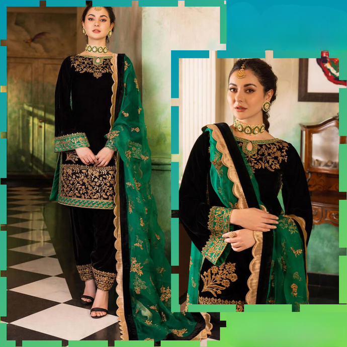 KY953 3-Piece Embroidered Velvet Suit Embroidered Organza Dupatta