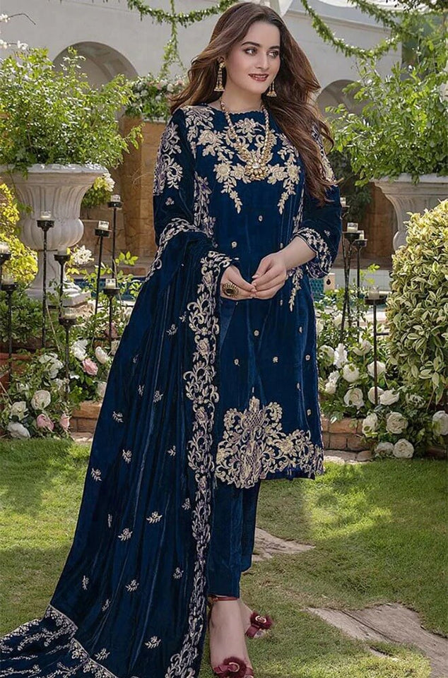 KY955 Embroidered Velvet Three piece With Velvet Shawl
