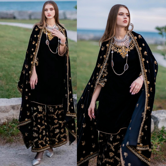 KY956- 3PCs Embroidered Velvet Dress With Embroidered Velvet Shawl