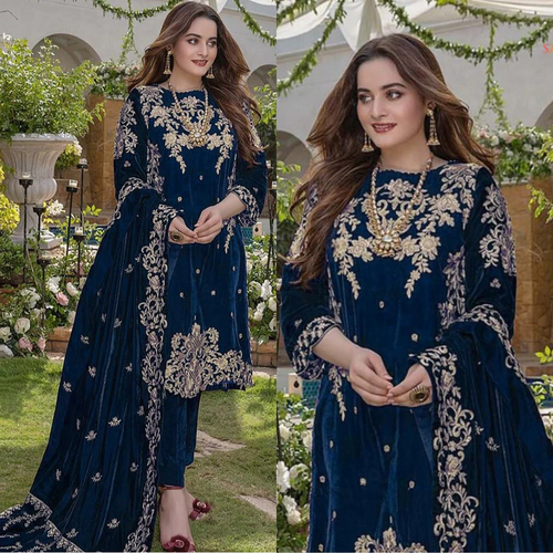 KY955 Embroidered Velvet Three piece With Velvet Shawl