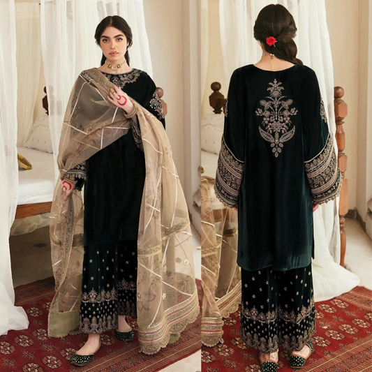 KY958-3PCs Embroidered Velvet Dress With Embroidered Organza Dupatta