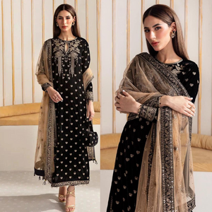 KY963-3PCs Embroidered Velvet Dress With Embroidered Organza Dupatta