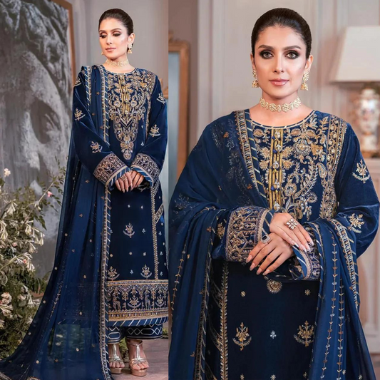 KY959-3PCs Embroidered Velvet With Embroidered Chiffon Dupatta