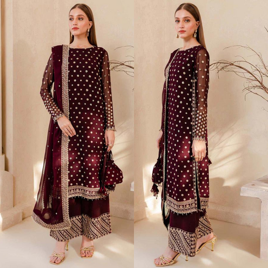 KY960-3PC Embroidered Velvet Dress With Embroidered Organza Dupatta