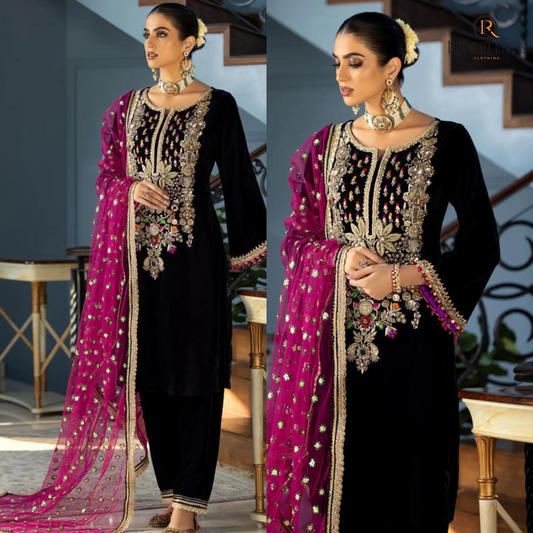 KY964-3PCs Velvet Dress With Embroidered Organza Dupatta