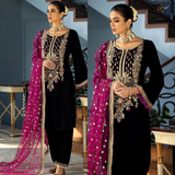 KY964-3PCs Velvet Dress With Embroidered Organza Dupatta