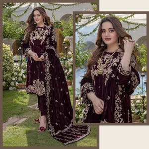 KY954 Embroidered Velvet Three piece with Velvet Shawl