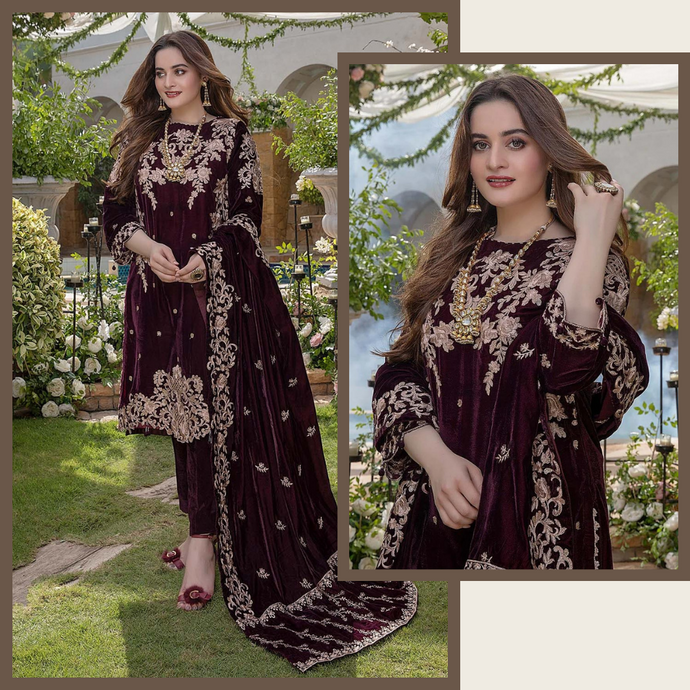 KY954 Embroidered Velvet Three piece with Velvet Shawl