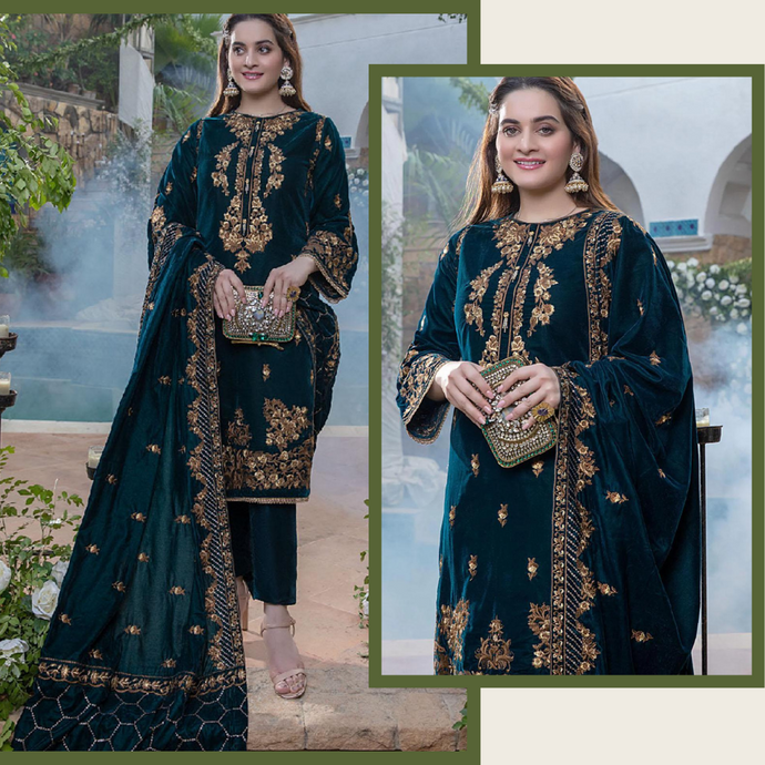 KY2050 Sequance Embroidered Velvet Three piece With Velvet Shawl