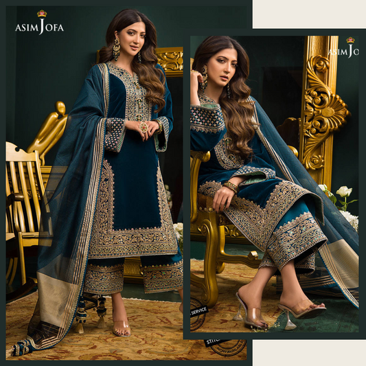 KY300 3PC Velvet Embroidered Shirt With Organza Dupatta