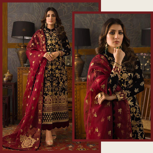 KY299 3PC Velvet Embroidered Shirt With Organza  Embroidered Dupatta