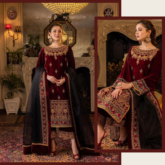 KY617 3PC Velvet Embroidered Shirt With Organza Embroidered Dupatta