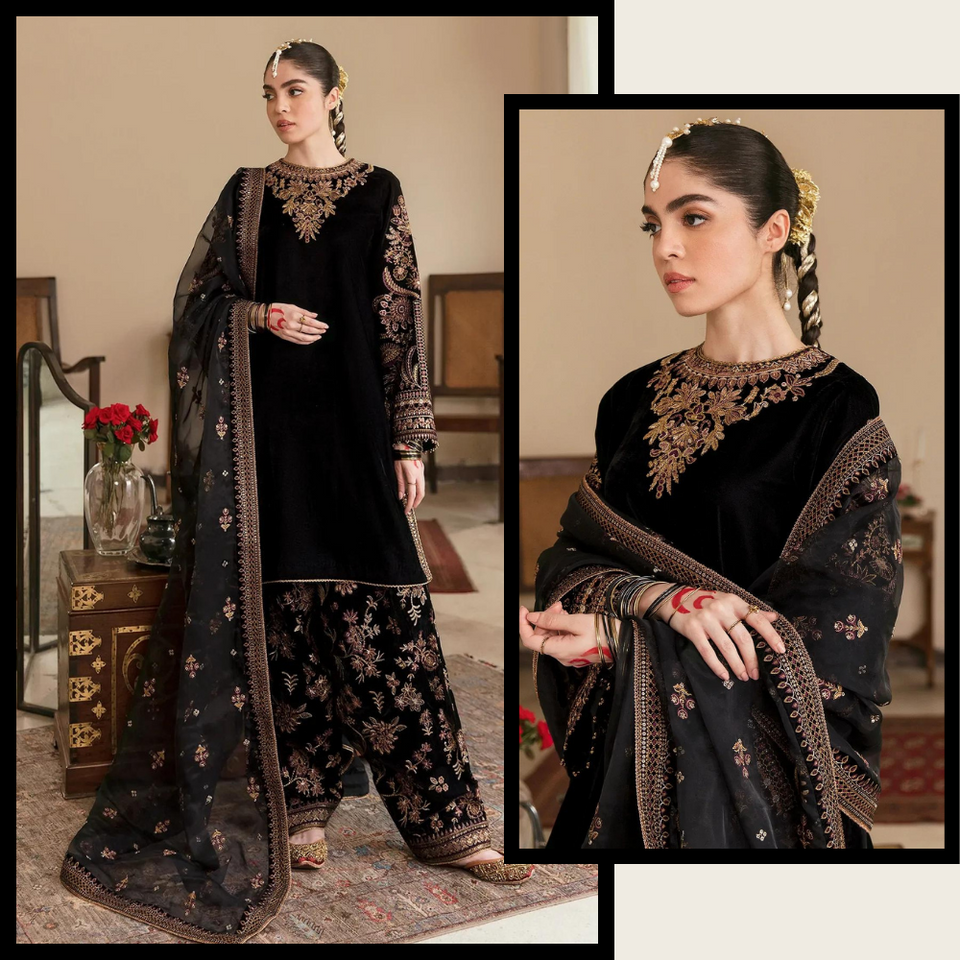 KY621 Embroidered Velvet Dress With Organza embroidered Dupatta
